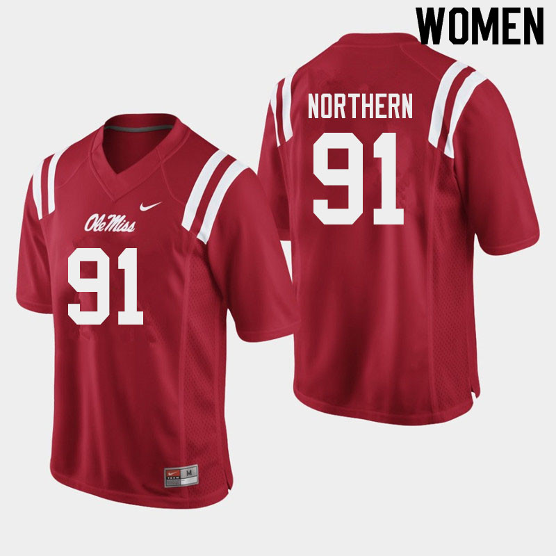Hal Northern Ole Miss Rebels NCAA Women's Red #91 Stitched Limited College Football Jersey PIV5458DS